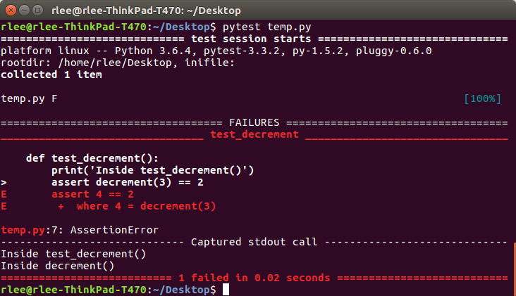 pytest 실패한 테스트의 출력 예시